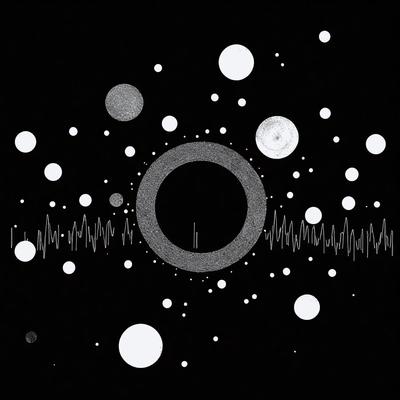 The primary subject of the image is a black and white illustration of a circle with a central dot, surrounded by various white circles. The setting is a black background, and the visual style is a combination of digital art and illustration. The dominant colors are black and white, creating a minimalist and artistic atmosphere.